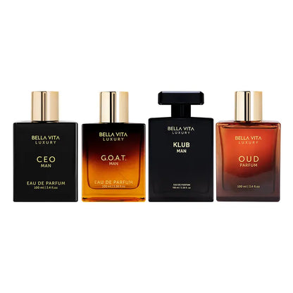 Command & Conquer by Bellavita Luxury | 4X100 Ml Perfume Set | CEO Man, G.O.A.T. Man, KLUB Man & OUD | Luxury Perfume for Men | Long Lasting, Citrus, Woody, Musky & Sweet Notes | Luxury, Vegan & Cruelty Free Eau De Parfum